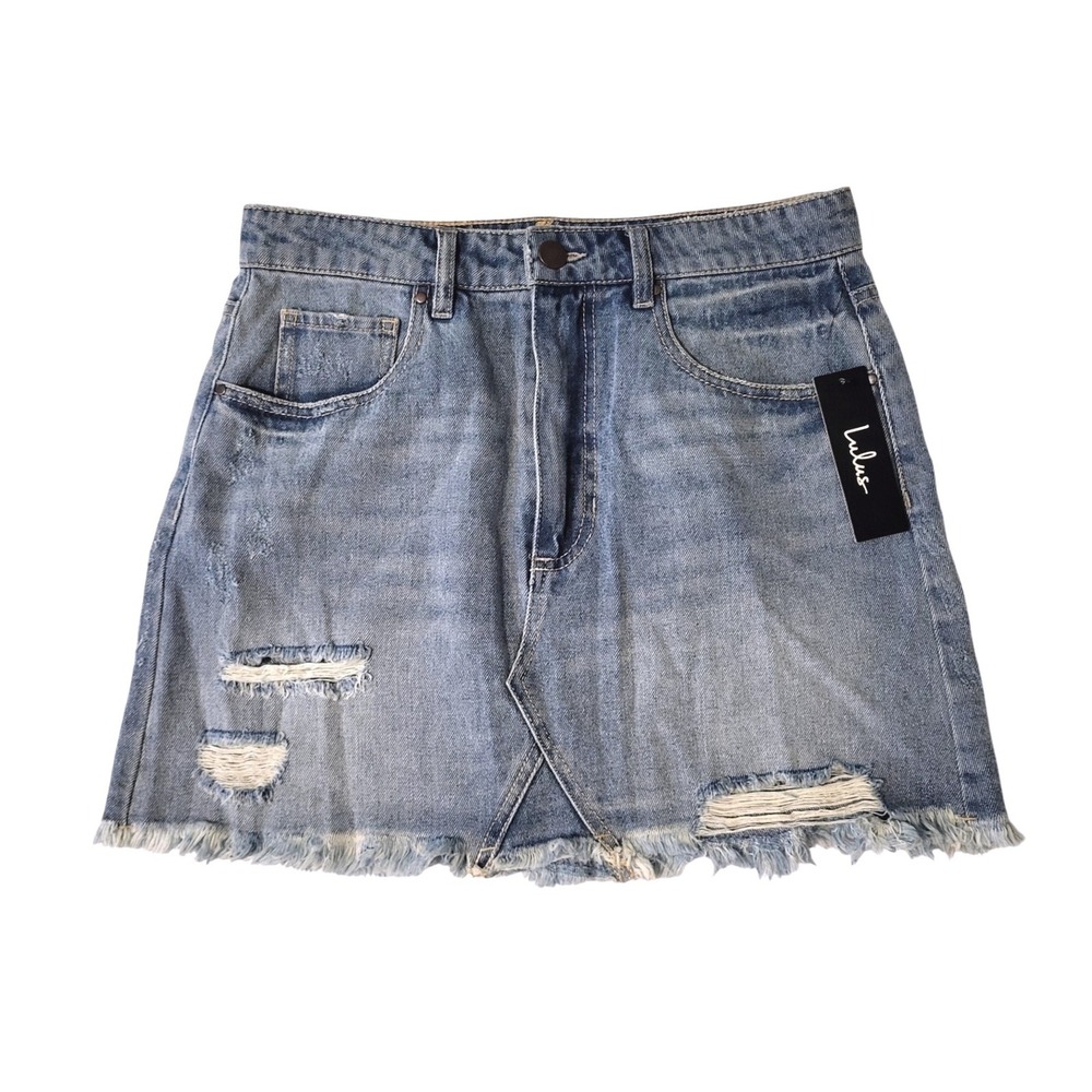 Lulus Denim Mini Jean Skirt Womens Medium Blue Distressed New Country Cowgirl